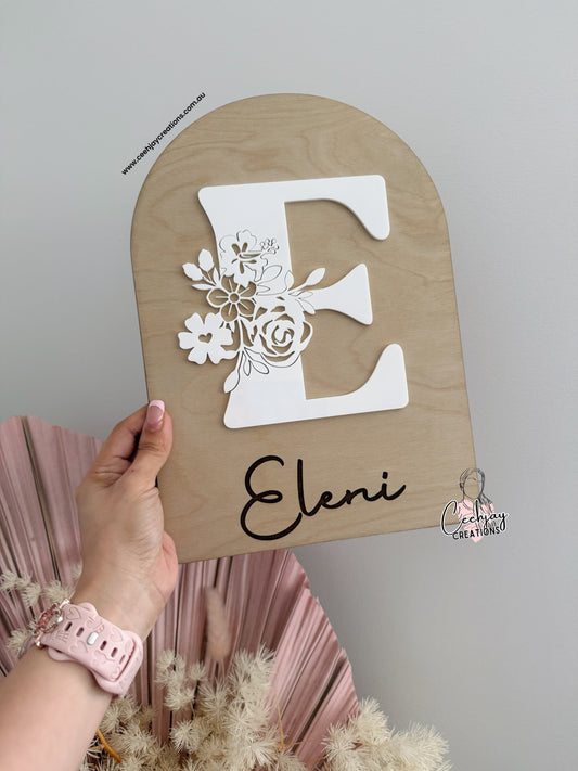 Wooden Floral Initial Arch Plaque