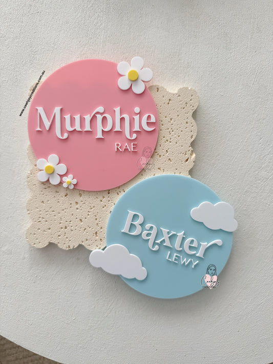 Baby Name Plaque - Floral & Clouds Design