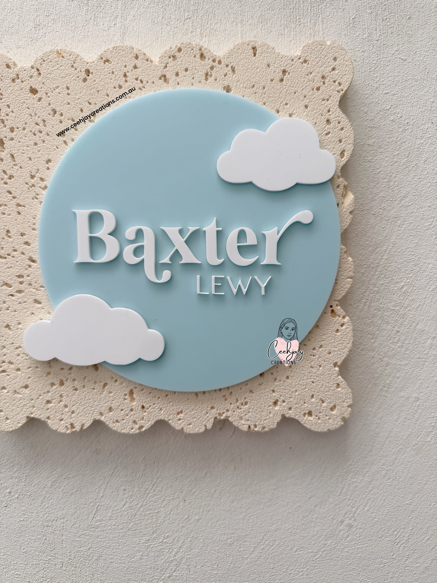Baby Name Plaque - Floral & Clouds Design
