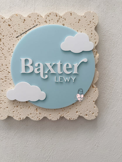 Baby Name Plaque - Floral & Clouds Design