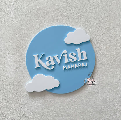 Baby Name Plaque - Floral & Clouds Design