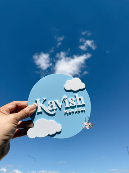 Baby Name Plaque - Floral & Clouds Design